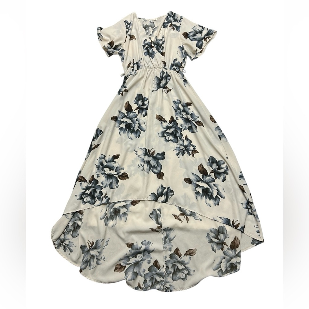 Tua Maxi Faux Wrap Dress Womens M Neutral Floral Wedding Beachy Bohemian No Belt